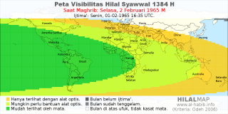 HilalMap: Peta Visibilitas Hilal Syawwal 1384 H: rukyat tanggal 1965-2-2 M