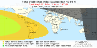 HilalMap: Peta Visibilitas Hilal Dzulqaidah 1384 H: rukyat tanggal 1965-3-3 M