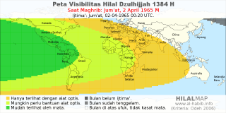 HilalMap: Peta Visibilitas Hilal Dzulhijjah 1384 H: rukyat tanggal 1965-4-2 M