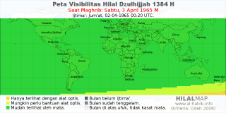 HilalMap: Peta Visibilitas Hilal Dzulhijjah 1384 H: rukyat tanggal 1965-4-3 M