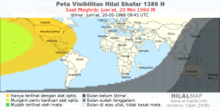 HilalMap: Peta Visibilitas Hilal Shafar 1386 H: rukyat tanggal 1966-5-20 M