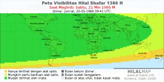 HilalMap: Peta Visibilitas Hilal Shafar 1386 H: rukyat tanggal 1966-5-21 M
