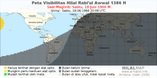 HilalMap: Peta Visibilitas Hilal Rabiul-Awwal 1386 H: rukyat tanggal 1966-6-18 M