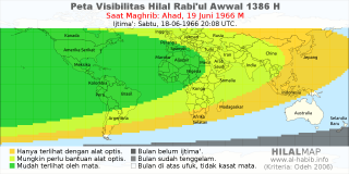 HilalMap: Peta Visibilitas Hilal Rabiul-Awwal 1386 H: rukyat tanggal 1966-6-19 M