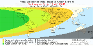 HilalMap: Peta Visibilitas Hilal Rabiul-Akhir 1386 H: rukyat tanggal 1966-7-18 M
