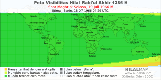 HilalMap: Peta Visibilitas Hilal Rabiul-Akhir 1386 H: rukyat tanggal 1966-7-19 M