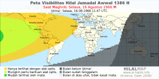 HilalMap: Peta Visibilitas Hilal Jumadal-Awwal 1386 H: rukyat tanggal 1966-8-16 M
