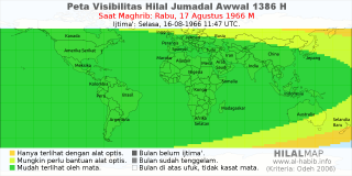 HilalMap: Peta Visibilitas Hilal Jumadal-Awwal 1386 H: rukyat tanggal 1966-8-17 M