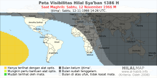 HilalMap: Peta Visibilitas Hilal Syaban 1386 H: rukyat tanggal 1966-11-12 M