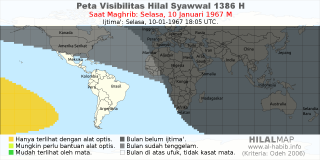HilalMap: Peta Visibilitas Hilal Syawwal 1386 H: rukyat tanggal 1967-1-10 M