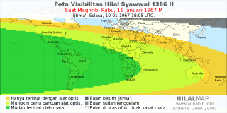 HilalMap: Peta Visibilitas Hilal Syawwal 1386 H: rukyat tanggal 1967-1-11 M