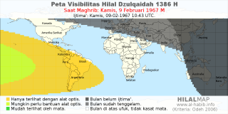 HilalMap: Peta Visibilitas Hilal Dzulqaidah 1386 H: rukyat tanggal 1967-2-9 M