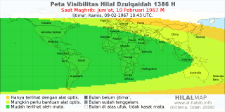 HilalMap: Peta Visibilitas Hilal Dzulqaidah 1386 H: rukyat tanggal 1967-2-10 M