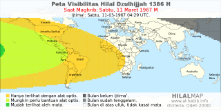HilalMap: Peta Visibilitas Hilal Dzulhijjah 1386 H: rukyat tanggal 1967-3-11 M