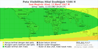 HilalMap: Peta Visibilitas Hilal Dzulhijjah 1386 H: rukyat tanggal 1967-3-12 M