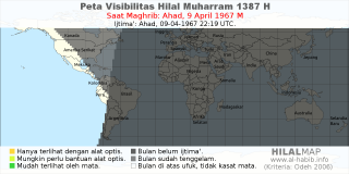 HilalMap: Peta Visibilitas Hilal Muharram 1387 H: rukyat tanggal 1967-4-9 M