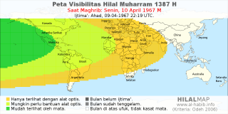 HilalMap: Peta Visibilitas Hilal Muharram 1387 H: rukyat tanggal 1967-4-10 M