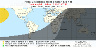 HilalMap: Peta Visibilitas Hilal Shafar 1387 H: rukyat tanggal 1967-5-9 M