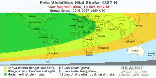HilalMap: Peta Visibilitas Hilal Shafar 1387 H: rukyat tanggal 1967-5-10 M
