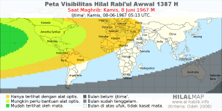 HilalMap: Peta Visibilitas Hilal Rabiul-Awwal 1387 H: rukyat tanggal 1967-6-8 M