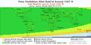 HilalMap: Peta Visibilitas Hilal Rabiul-Awwal 1387 H: rukyat tanggal 1967-6-9 M