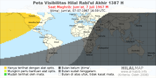 HilalMap: Peta Visibilitas Hilal Rabiul-Akhir 1387 H: rukyat tanggal 1967-7-7 M