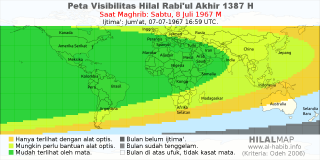 HilalMap: Peta Visibilitas Hilal Rabiul-Akhir 1387 H: rukyat tanggal 1967-7-8 M