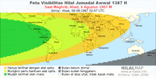 HilalMap: Peta Visibilitas Hilal Jumadal-Awwal 1387 H: rukyat tanggal 1967-8-6 M