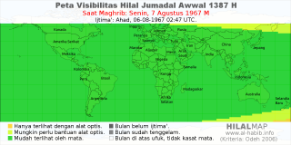 HilalMap: Peta Visibilitas Hilal Jumadal-Awwal 1387 H: rukyat tanggal 1967-8-7 M
