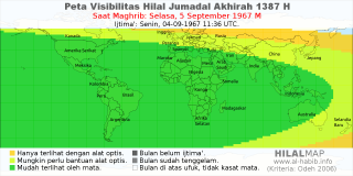 HilalMap: Peta Visibilitas Hilal Jumadal-Akhirah 1387 H: rukyat tanggal 1967-9-5 M