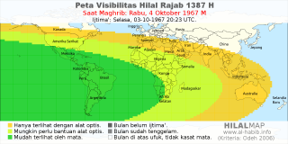 HilalMap: Peta Visibilitas Hilal Rajab 1387 H: rukyat tanggal 1967-10-4 M