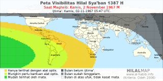 HilalMap: Peta Visibilitas Hilal Syaban 1387 H: rukyat tanggal 1967-11-2 M