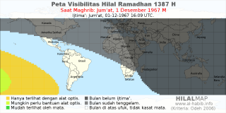 HilalMap: Peta Visibilitas Hilal Ramadhan 1387 H: rukyat tanggal 1967-12-1 M