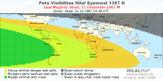 HilalMap: Peta Visibilitas Hilal Syawwal 1387 H: rukyat tanggal 1967-12-31 M