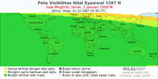 HilalMap: Peta Visibilitas Hilal Syawwal 1387 H: rukyat tanggal 1968-1-1 M