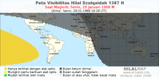 HilalMap: Peta Visibilitas Hilal Dzulqaidah 1387 H: rukyat tanggal 1968-1-29 M