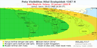 HilalMap: Peta Visibilitas Hilal Dzulqaidah 1387 H: rukyat tanggal 1968-1-30 M