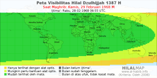 HilalMap: Peta Visibilitas Hilal Dzulhijjah 1387 H: rukyat tanggal 1968-2-29 M