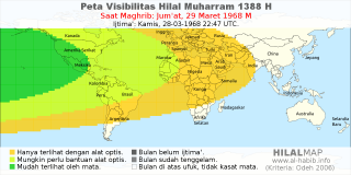HilalMap: Peta Visibilitas Hilal Muharram 1388 H: rukyat tanggal 1968-3-29 M