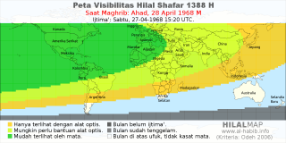 HilalMap: Peta Visibilitas Hilal Shafar 1388 H: rukyat tanggal 1968-4-28 M