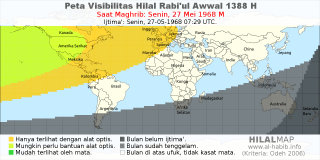 HilalMap: Peta Visibilitas Hilal Rabiul-Awwal 1388 H: rukyat tanggal 1968-5-27 M