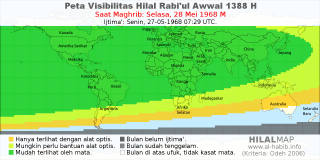 HilalMap: Peta Visibilitas Hilal Rabiul-Awwal 1388 H: rukyat tanggal 1968-5-28 M