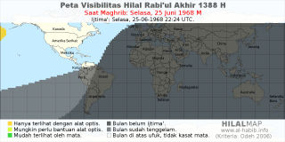 HilalMap: Peta Visibilitas Hilal Rabiul-Akhir 1388 H: rukyat tanggal 1968-6-25 M