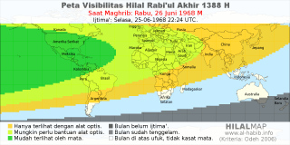 HilalMap: Peta Visibilitas Hilal Rabiul-Akhir 1388 H: rukyat tanggal 1968-6-26 M