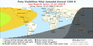HilalMap: Peta Visibilitas Hilal Jumadal-Awwal 1388 H: rukyat tanggal 1968-7-25 M