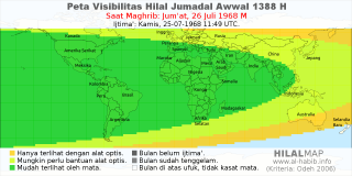 HilalMap: Peta Visibilitas Hilal Jumadal-Awwal 1388 H: rukyat tanggal 1968-7-26 M
