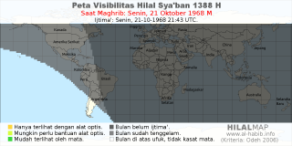 HilalMap: Peta Visibilitas Hilal Syaban 1388 H: rukyat tanggal 1968-10-21 M