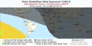 HilalMap: Peta Visibilitas Hilal Syawwal 1388 H: rukyat tanggal 1968-12-19 M