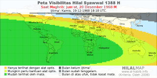 HilalMap: Peta Visibilitas Hilal Syawwal 1388 H: rukyat tanggal 1968-12-20 M