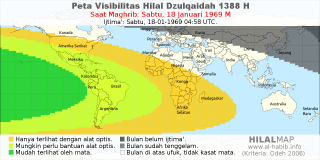 HilalMap: Peta Visibilitas Hilal Dzulqaidah 1388 H: rukyat tanggal 1969-1-18 M
